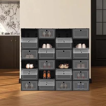 24Pcs Shoe Storage Box, Shoe Box Side Open, Clear Shoe Boxes Stackable, Plastic Stackable Shoe Storage Organizer, for Shoes, Including Sneakers, High Heels, Canvas Shoes, Boots, Etc (Black)
