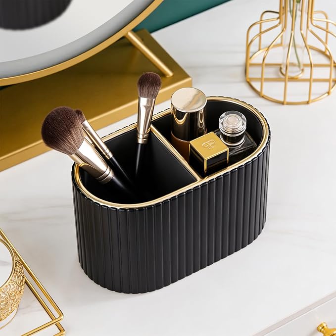 KINGFOM Makeup Brush Holder Organizer with Divider, PU Leather Vanity Brush Holder for Bathroom Countertop & Dressing Table, Cosmetic Desktop Storage Caddy for Makeup Tools Oval (Black)