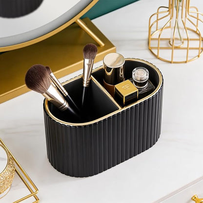 KINGFOM Makeup Brush Holder Organizer with Divider, PU Leather Vanity Brush Holder for Bathroom Countertop & Dressing Table, Cosmetic Desktop Storage Caddy for Makeup Tools Oval (Black)