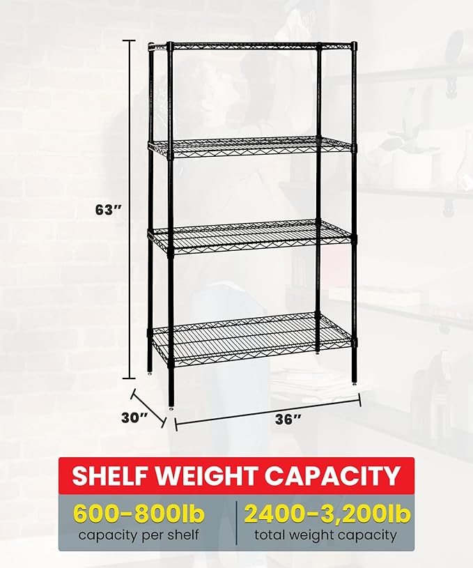 Quantum Storage Systems WR63-3036BK Wire Shelving Starter Kit, 36" W x 30" D x 63" H, 600 lbs Capacity, Carbon Steel, Epoxy Coated, Black, NSF