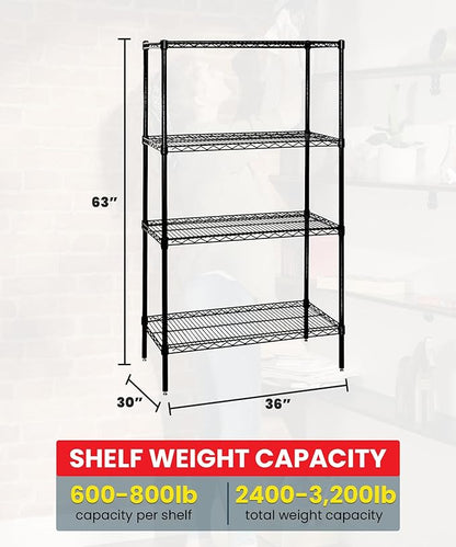 Quantum Storage Systems WR63-3036BK Wire Shelving Starter Kit, 36" W x 30" D x 63" H, 600 lbs Capacity, Carbon Steel, Epoxy Coated, Black, NSF