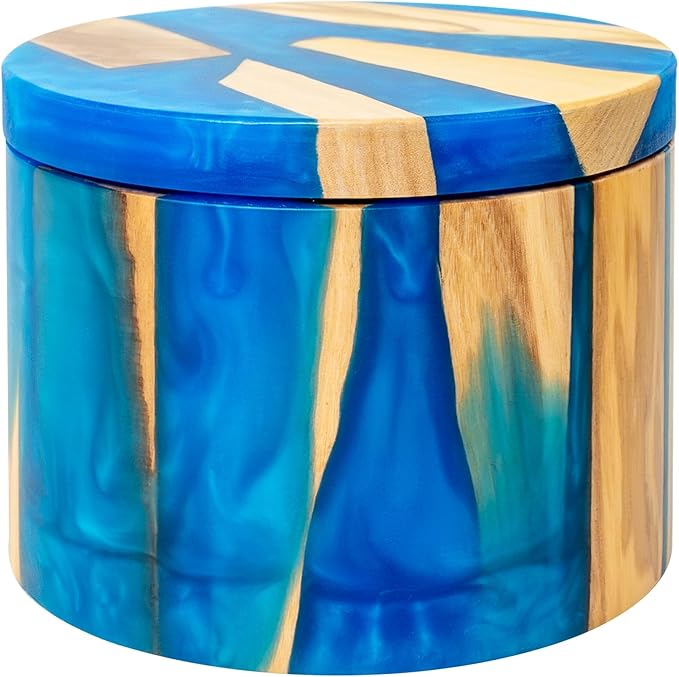 Handcrafted Salt Box Resin Wooden Container Swivel Lid with Magnetic to Easily Open Seal Salt Cellar Free Spoon for Storing Salt Pepper Sugar Herbs Small Spice Box Storage Kitchen Accessory