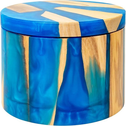 Handcrafted Salt Box Resin Wooden Container Swivel Lid with Magnetic to Easily Open Seal Salt Cellar Free Spoon for Storing Salt Pepper Sugar Herbs Small Spice Box Storage Kitchen Accessory