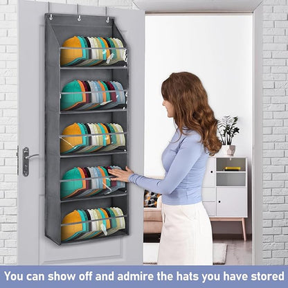 Hat Organizer for Baseball Caps - Hat Rack for Door - Hat Storage for Baseball Caps，Hat Holder on Wall, Clear Deep Pockets， 5 Tiers, Holds at Least 60 Hats, with 3 Hooks (Grey)