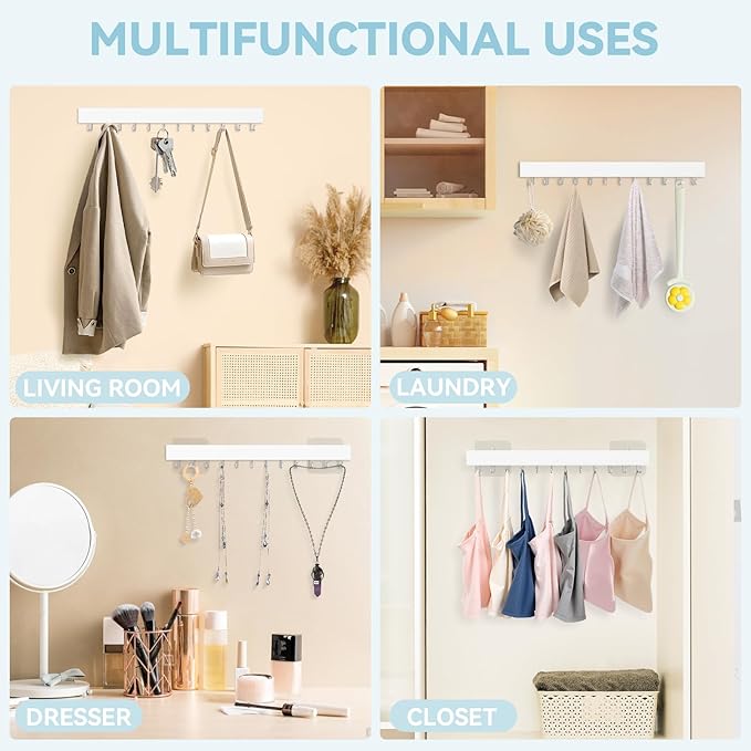 Tie Rack Wall Mount, Adhesive Wooden Closet Tie Hanger with 24 Metal Hooks, Large Capacity, 2 Installation Options, White, 2 Pcs