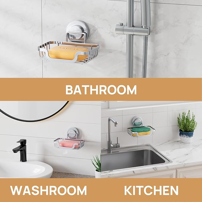 LEVERLOC Soap Dish, Soap Bar Holder for Shower Suction Cup Wall Mounted, Stainless Steel No-Drilling Removable Waterproof Sponge Holder for Bathroom Bathtub Kitchen Sink, Keep Dry, Silver