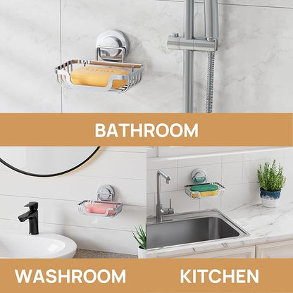 LEVERLOC Soap Dish, Soap Bar Holder for Shower Suction Cup Wall Mounted, Stainless Steel No-Drilling Removable Waterproof Sponge Holder for Bathroom Bathtub Kitchen Sink, Keep Dry, Silver