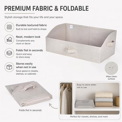 WUIKE Trapezoid Storage Bins for Closet Organizers and Storage, Fabric Closet Bins with Handles, Foldable Storage Baskets for Clothes, Purse, Blanket, Line Beige, Extra Large, 3-Pack