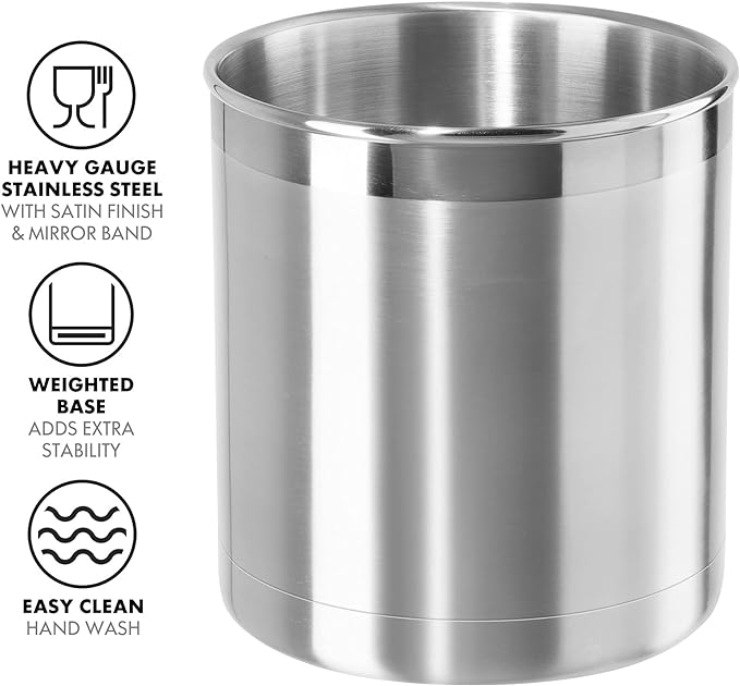 Oggi Stainless Steel Jumbo Utensil Holder - 7" Utensil Caddy, Weighted Base for Stability - Extra Large Utensil Crock and Countertop Utensil Organizer, Stainless Steel