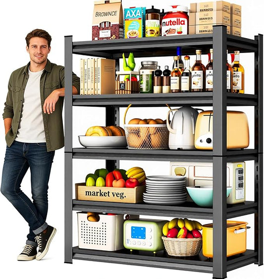 40" W x 71" H,5-Tier Metal Shelving Adjustable Kitchen Storage Rack Metal Storage Shelf Black Shelving Unit 2500LBS Shelvs for Kitchen Pantry Basement