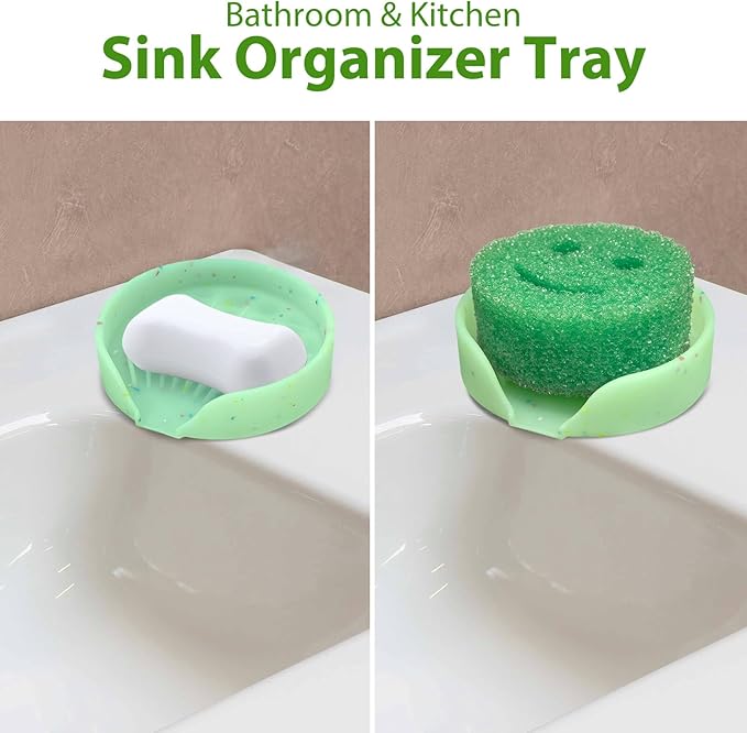 Silicone Bathroom Soap Dishes, Self Draining Waterfall Bar Soap Holder & Saver, Dish Soap Tray, Sponge Holder, 13 Non-Slip Suction Cups Dishwasher Safe for Bathroom Kitchen Shower Sink Organizer Green