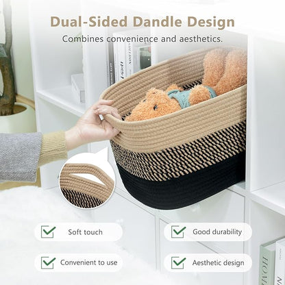 ECDYQXVU Cotton Rope Storage Basket, 15x10x9 Inches, Woven Basket for Shelves, Clothes, Towels, Books, and Laundry, Gradient Black/Brown (1 Pack)