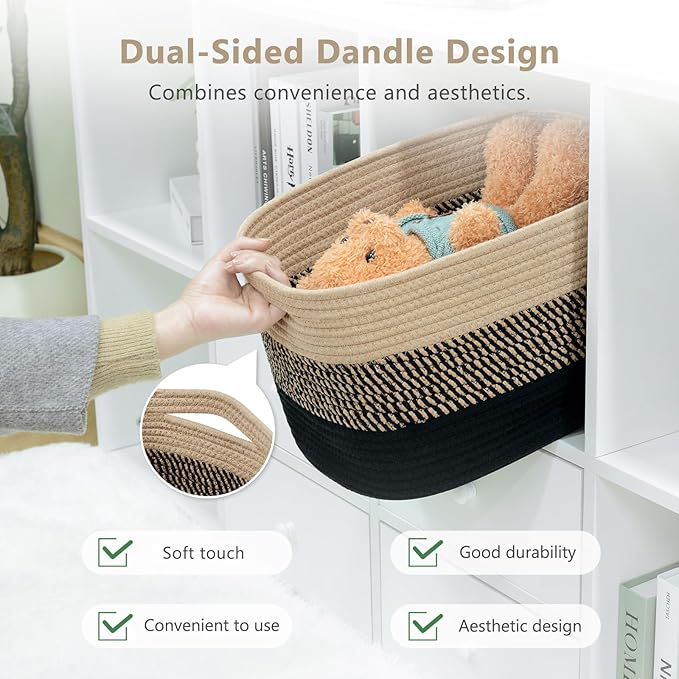 ECDYQXVU Cotton Rope Storage Basket, 15x10x9 Inches, Woven Basket for Shelves, Clothes, Towels, Books, and Laundry, Gradient Black/Brown (2 Pack)