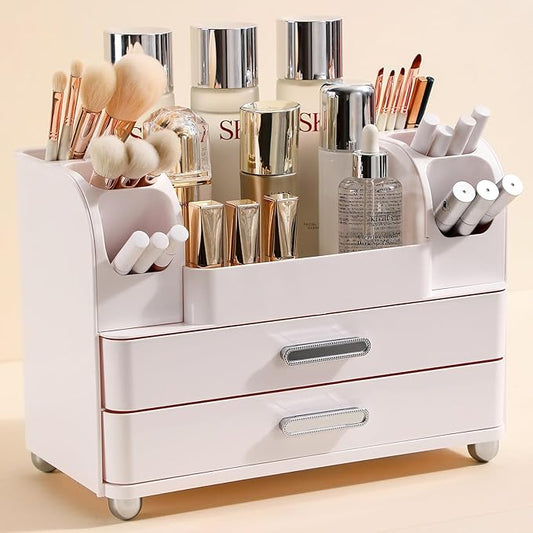 Anyoifax Makeup Organizer Countertop with Large Drawers, Vanity Organizer with Brush Holder, Skin Care Storage for Dresser, Perfume Organizer for Lotion, Lipsitck, Palette, All White