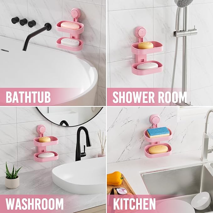 TAILI Soap Holder Soap Dish for Shower, Suction Cup Soap Holder for Shower Wall, Bathroom Accessories, Removable Strong Hold Soap Saver, Drill Free, Pink 2 Layer