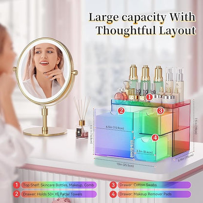 Youdepot Acrylic Face Towel Holder with Drawer – 4-Layer Disposable Face Towel Holder Organizer Box – Bathroom Countertop Storage for Cotton Pads, Swabs, and Skincare (Rainbow)