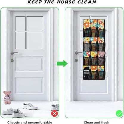Large Capacity 12-Section Door Hanging Storage Bag, Oxford Fabric Waterproof Scratch-Resistant and for Home Organization, Groovy Hippie Flowers