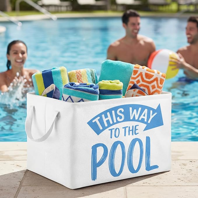 Yungyan This Way to The Pool Towel Storage Basket Bin and Organizer Large Pool Towel Storage Basket Waterproof Canvas Cube with Handle Beach Gift for Outdoor Summer Seaside Home Clothes Book Toy