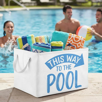 Yungyan This Way to The Pool Towel Storage Basket Bin and Organizer Large Pool Towel Storage Basket Waterproof Canvas Cube with Handle Beach Gift for Outdoor Summer Seaside Home Clothes Book Toy