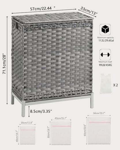 SETVSON Laundry Hamper with Lid, 112 L Handwoven Rattan Wicker Laundry Basket, 2 Removable Liner Bags Metal Heightened Feet, 6 Mesh Bags, 2 Section Large Clothes Hamper for Bathroom Bedroom, Gray
