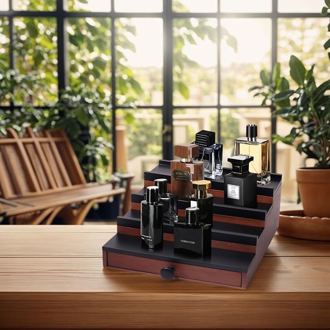 Cologne Organizer for Men - 4 Tier Brown Black Wooden Cologne Display Stand with Drawer and Hidden Compartment, Mens Cologne Holder Shelf for Organizing and Storing