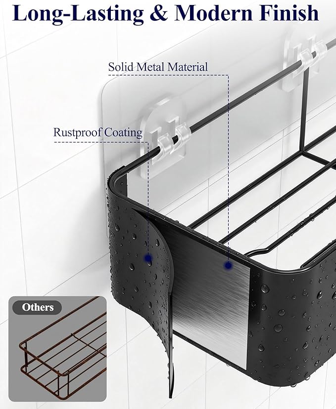 Kitsure Shower Caddy Adhesive - 6-Pack, No-Drilling Shower Shelves with Soap Holder, Toothbrush Holde, 6 Hooks, Rustproof & Stylish Bathroom Organizers and Storage Solution, Black, Large