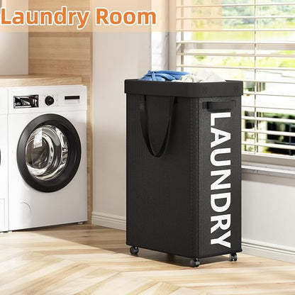 Optish Laundry Basket with Wheels, 90L Rolling Laundry Hamper with Wheels, Large Clothes Hamper on Wheel with Removable Mesh Bag for Bedroom, Dorm Room Essentials, Black