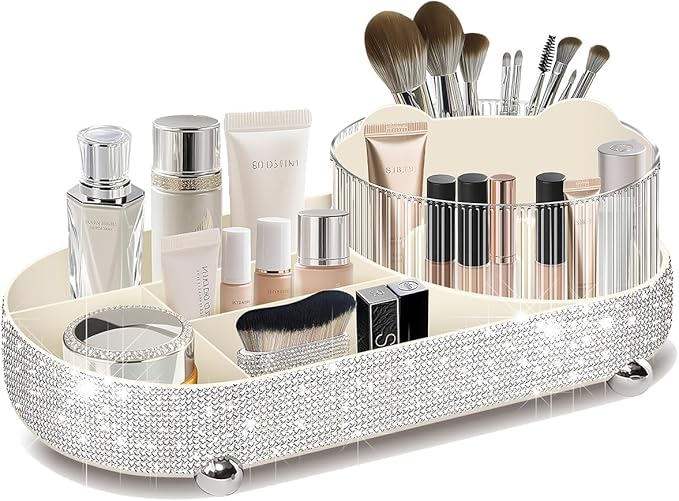 360° Rotate Bling Makeup Organizer for Vanity Cosmetic Countertop Rhinestones Makeup Brush Holder Skincare Organizers Desk Storage Accessories
