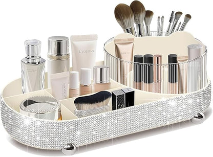 360° Rotate Bling Makeup Organizer for Vanity Cosmetic Countertop Rhinestones Makeup Brush Holder Skincare Organizers Desk Storage Accessories