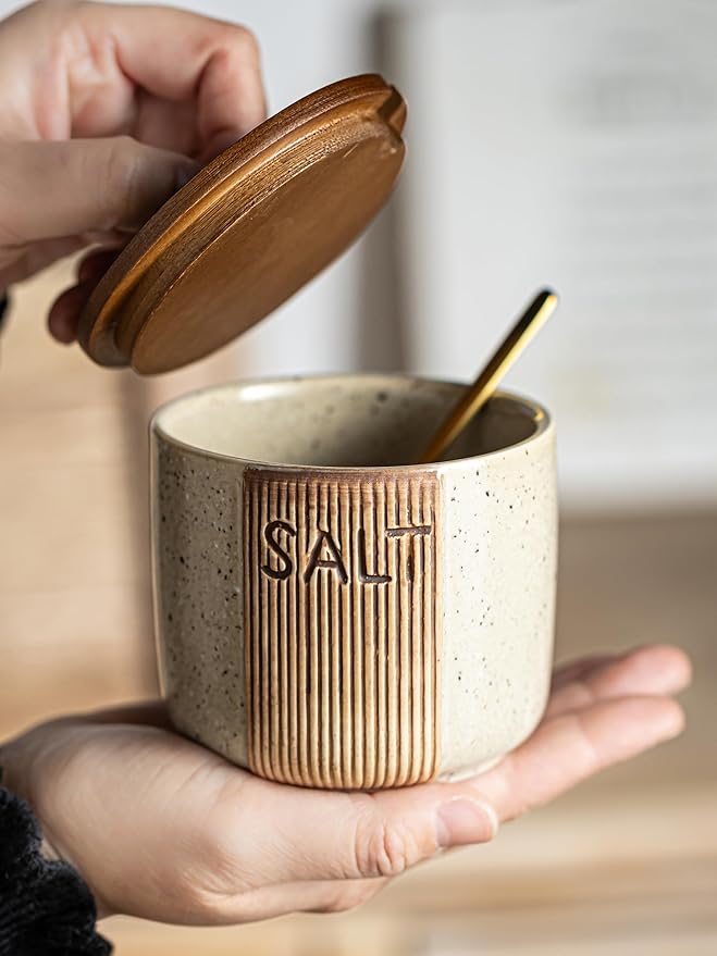 Ceramic Salt and Pepper Bowl, Salt Cellar with Lid and Spoons Salt Containers for Countertop Pepper Holder Box, Beige
