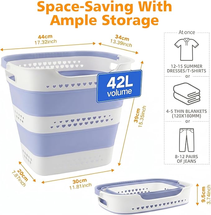 Collapsible Plastic Laundry Basket Hamper with Handles, Foldable Pop Up Storage Container Organizer for Washing Storage, Blue