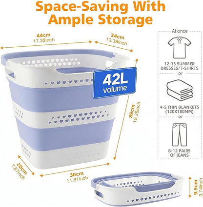 Collapsible Plastic Laundry Basket Hamper with Handles, Foldable Pop Up Storage Container Organizer for Washing Storage, Blue
