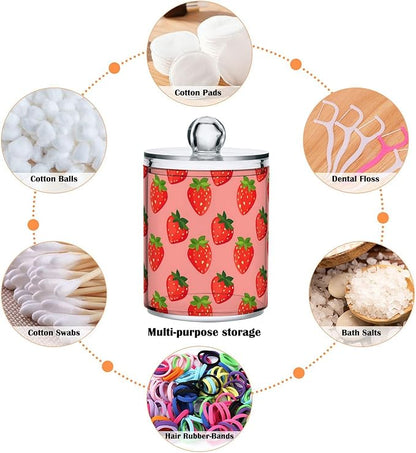 ALAZA 2pcs Cute Fruit Strawberry Qtip Holder Dispenser 14 oz Bathroom Storage Clear Apothecary Jars Containers Cotton Ball,Cotton Rounds,Floss Picks, Hair Clips, Food