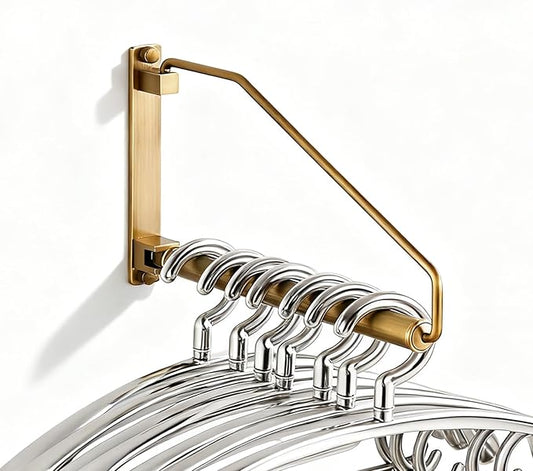 Folding Wall Mounted Clothes Hanger Rack Clothes Hook Solid Brass with Swing Arm Holder Clothing Hanging System Closet Storage Organizer Heavy Duty Drying Rack Wall Mount, Antique Brass