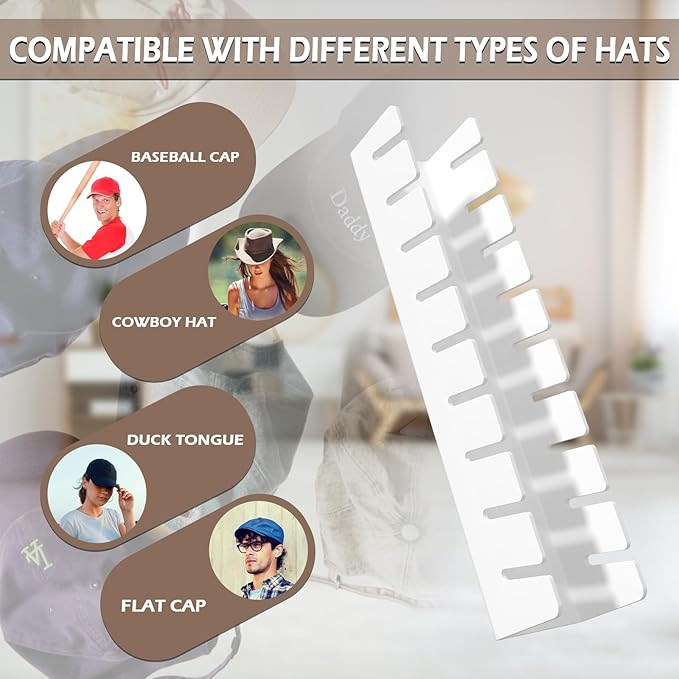 SILUT Hat Stand for Baseball Caps, Acrylic Hat Rack for 18 Baseball Caps, 2Pcs No Install Hat Organizer, Hat Racks for Baseball Caps Display And Organizer for Dresser Bedroom, Closet, White