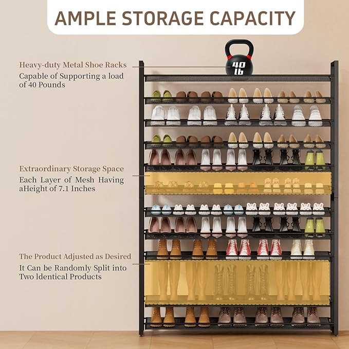 Metal Shoe Rack,Large 12 Tier Shoe Organizer, Heavy Duty Metal 6-Tier Stackable Shoe Storage Vertical Shoe Rack for Closet Front Door Entrance,Entryway,GarageUp to 76 Pairs,Black