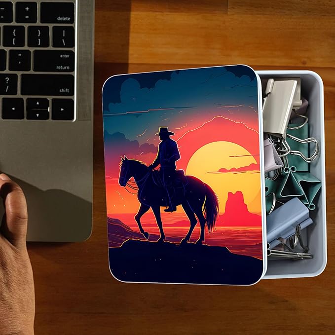Metal Tin Box Sturdy Metal Storage Box with Lid, Large Container Holder for TCG Cards,Car Keys,Cookies,Tin Containers for Gift,5.0x3.7x1.6 Inch,Exquisite Pattern Design(Sunset Cowboy)