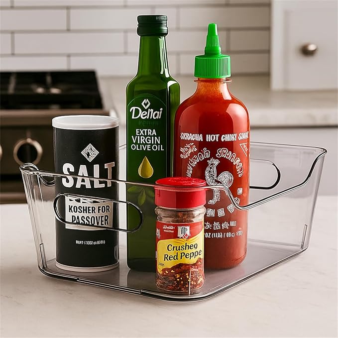 4 Pack Acrylic Pantry Storage Bins, Storage Bins for Cabinets, Clear Bins for Pantry, Cabinets, Organizing, Fridge, Kitchen (7.9” x 5.5” x 3.2”)
