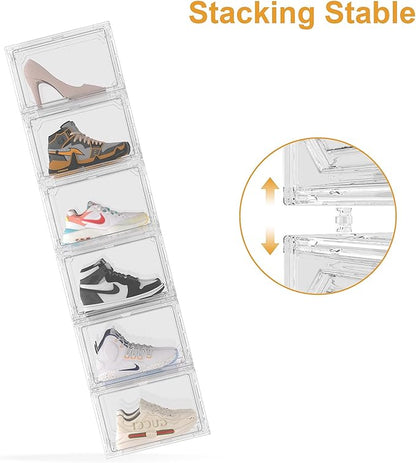 Shoe Box,Set of 6,Stackable Plastic Clear Shoe Box Organizer with Magnetic Door,Shoe Storage Box Thicken Sturdy,Easy Assembly,Fit up to US Size(Side opening door, Clear)