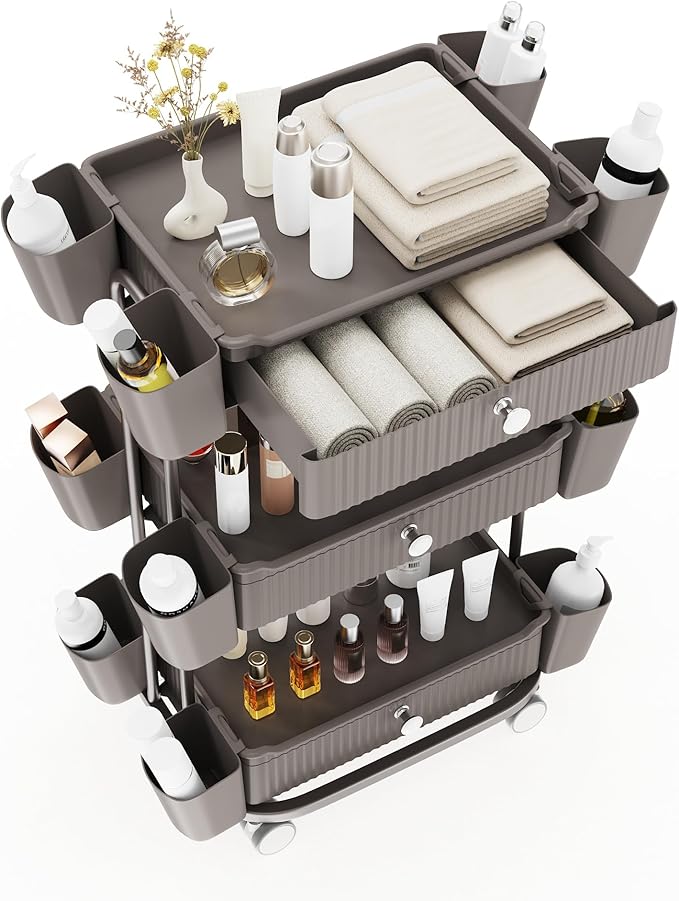 3 Tier Drawer Beauty Cart with 12 Movable Storage Organizer, Thickened ABS & 360° Wheels for Salon Station for Hair Stylist, Beauty Salon, Spa Massage Parlor, Makeup Organizer and More - Brown