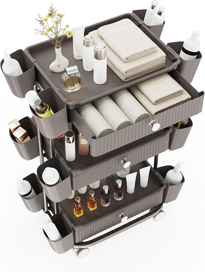 3 Tier Drawer Beauty Cart with 12 Movable Storage Organizer, Thickened ABS & 360° Wheels for Salon Station for Hair Stylist, Beauty Salon, Spa Massage Parlor, Makeup Organizer and More - Brown