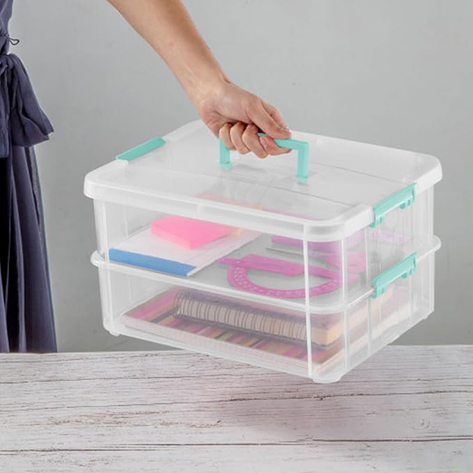 Sterilite 8-Pack Stack & Carry, 2 Layer Handle Box for Home & Office Storage - Clear Base & Lid with Color Latches, Organizer for Art & Craft Supplies, Sewing Tools or 8.5" x 11" Paper