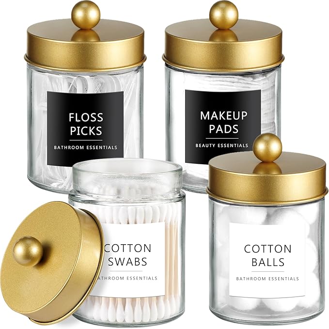 Amolliar 4 Pack Qtips Dispenser Holder - Bathroom Countertop Storage Organizer Containers - Glass Apothecary Jars with Gold Plastic Lid for Q-tips Cotton Balls, Swabs, Round Pads, Floss