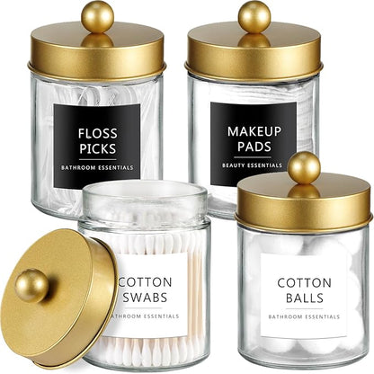 Amolliar 4 Pack Qtips Dispenser Holder - Bathroom Countertop Storage Organizer Containers - Glass Apothecary Jars with Gold Plastic Lid for Q-tips Cotton Balls, Swabs, Round Pads, Floss