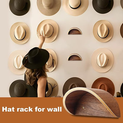 Cowboy Hat Rack for Wall,2 Pack Walnut Wood Hat Holder on Wall, Satin Finish Hat Hooks,Non-Damage Brim Design Can Keeps Original Shape of Hat, for Western Hat Organizer