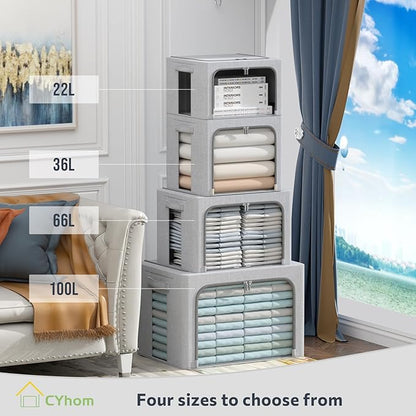 CYhom Clothes Storage Bins Box - Foldable Stackable Container Organizer Set with Clear Window & Carry Handles & Metal Frame - 2Pack Large Capacity for Bedding, Blankets, Books