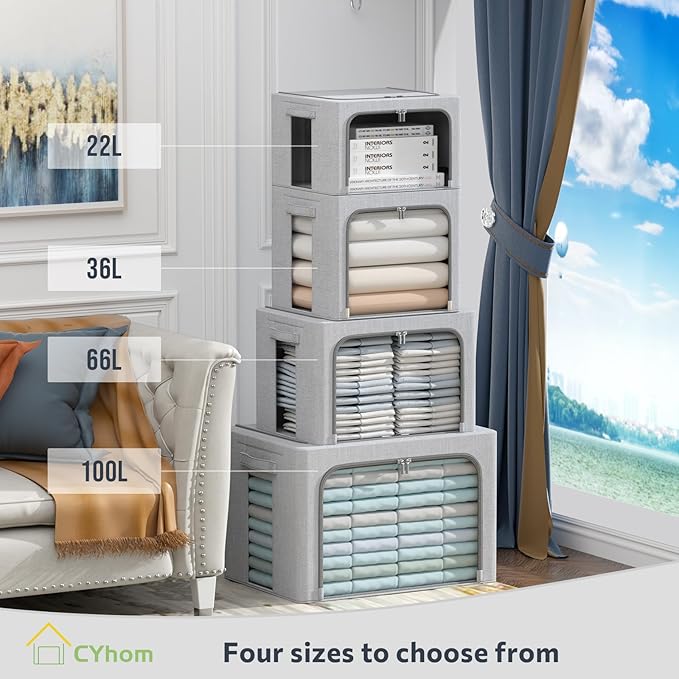 CYhom 2Pack Extra Large Clothes Storage Bins Box - Linen Fabric Foldable Stackable Container Organizer Set with Clear Window & Carry Handles & Metal Frame (Light Grey, Extra Large-100L)