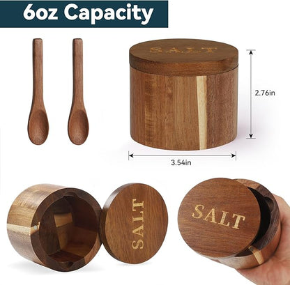 Timtopno Salt Cellar, Acacia Wood Salt Container with Built-in Spoon & Swivel Lid, Engraved SALT Box, Salt Holder Bowl for Countertop Seasoning Storage