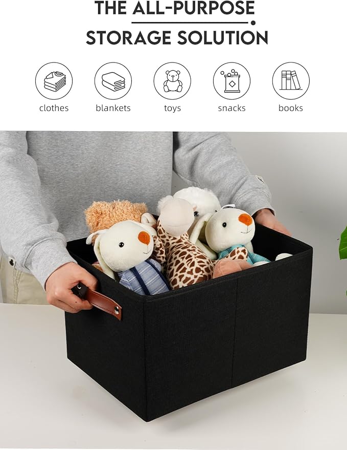 Fabric Storage Bins (15x11x9.5”) – Reinforced 2.5mm Cardboard Shelf Bins with PU Leather Handles – [6-Pack] Durable Storage Baskets for Closet Organization, Toy Organizer, & Home Office – Black