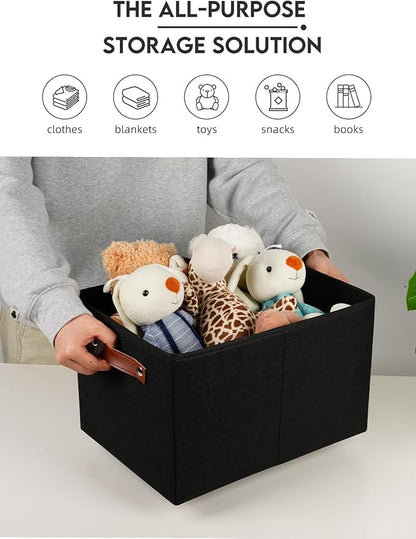 Fabric Storage Bins (15x11x9.5”) – Reinforced 2.5mm Cardboard Shelf Bins with PU Leather Handles – [6-Pack] Durable Storage Baskets for Closet Organization, Toy Organizer, & Home Office – Black